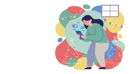 Holiday stress Sad woman overwhelmed by social media messages and notifications on her phone