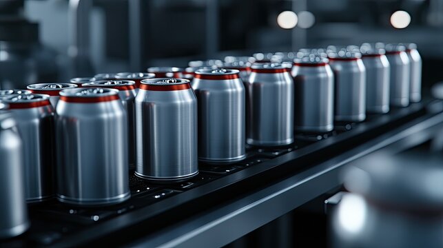 Interior of a cutting-edge production facility displays rows of red canned beer moving efficiently along a conveyor belt under bright lighting