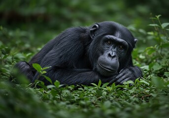 A large adult ape primate resting in the green foliage, showcasing intelligence and complex social behavior in natural surroundings ,sitting ,habitat ,wild