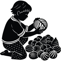 Child Playing with Balls Black and White Silhouette Art Depicting Joy on White Background