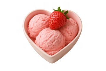 Pink strawberry ice cream scoops in heart bowl