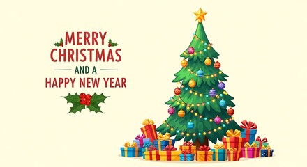 Fototapeta premium Merry christmas and happy new year greeting card with tree and gift