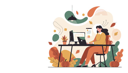 Woman working on a computer in a cozy autumnal home office Remote work and seasonal productivity illustration