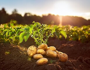 fresh potatoes growing in the warm afternoon sunlight generative ai