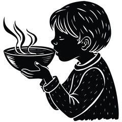 Hot Soup Silhouette Art Child Eating Bowl Steam Food Illustration on White Background