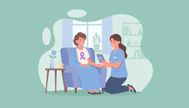 Caregiver providing supportive home healthcare to patient with purple awareness ribbon