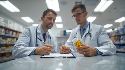 Two Pharmacists in White Coats Reviewing Prescription and Medicine Box at Pharmacy Counter