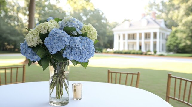 Tall glass vase filled with blue hydrangeas sits on empty table at wedding venue, adding charm and color to the elegant decor