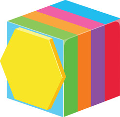 A colorful cube composed of stacked rainbow layers, featuring a bright yellow hexagonal shape affixed to its front surface.