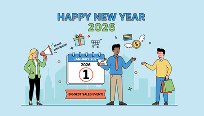 Happy New Year 2026 sales event Business people promoting January 1st discounts shopping and commercial goals