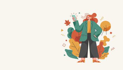 Happy woman taking photo with smartphone in autumn park Vector illustration for digital life