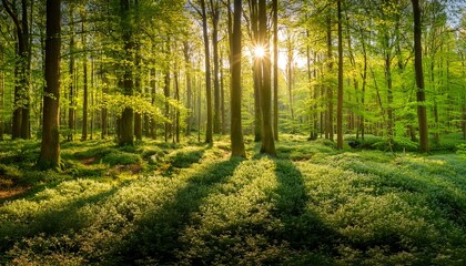 Obraz premium a springtime forest scene unfolds with vibrant greenery and radiant sunlight filtering through the trees
