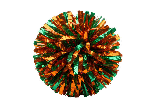 One metallic orange and green pom pom for cheering isolated on a transparent or white background. PNG