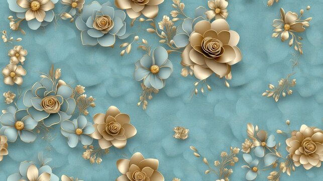 This highly detailed blue damask background features a luxurious metallic gold floral pattern, perfect for various design projects SEAMLESS PATTERN
