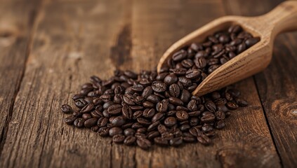 Fototapeta premium Roasted Aroma, Dark Delight A Wooden Scoop of Dark Coffee Beans on Textured Surface.