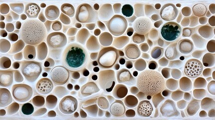 Close-up of an intricate sandstone wall reveals textures and patterns with a dark green circle at the center against a desert backdrop