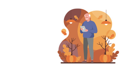 Senior man using a tablet expressing sadness amidst autumn leaves and pumpkins