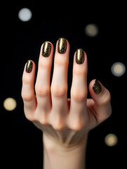 Close-up of female hands with stylish manicure against festive bokeh lights. Detailed nail design, glossy polish and elegant hand pose for beauty category.
