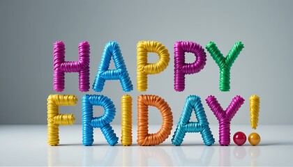 vibrantly colorful coiled letters spelling happy friday arranged on reflective surface against