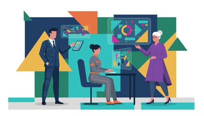 Business team analyzing futuristic data visualizations using technology