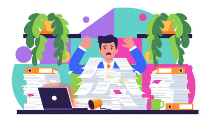 Businessman overwhelmed by piles of documents symbolizing heavy workload stress and bureaucracy