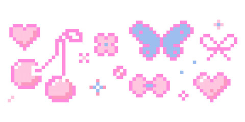 Cute pixel border nice pink pixel decoration. Y2k retro game 8 bit flower blossom, stars sparkles, butterfly, heart and cherry. Whimsical sparkling shining stars emoji,