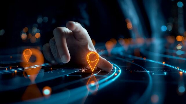 Finger Touching Glowing Location Pin on Digital Map with Neon Trails and Bokeh Lights
