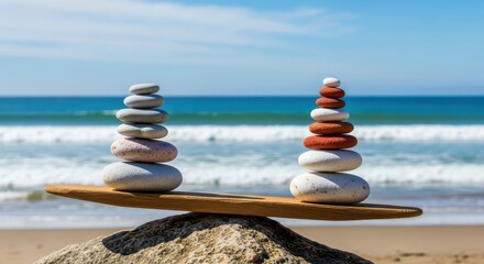Two balanced stacks of smooth, colorful pebbles rest on a wooden plank on a sandy beach, symbolizing harmony and balance against the backdrop of the ocean waves