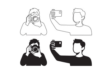 People taking photos with cameras and smartphones in a simple line art style