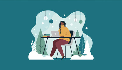 Remote worker uses laptop in festive winter setting Holiday workstudy concept
