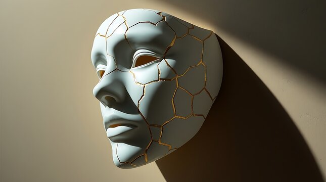 Intriguing cracked porcelain mask with gold accents casting shadows on a neutral wall creates a modern, artistic, and conceptually powerful statement piece