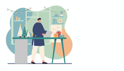 Holiday online shopping Man uses tablet near presents and Christmas trees