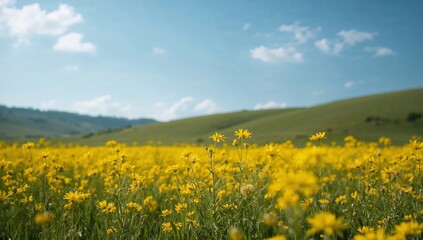 Obraz premium Sunny Expanse. A Golden Field under a Bright Blue Sky, with Gentle Rolling Hills.