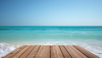 Fototapeta premium Sunny Vista. A Wooden Deck Overlooking a Blurred Turquoise Sea and Sky, Abstract Backdrop.