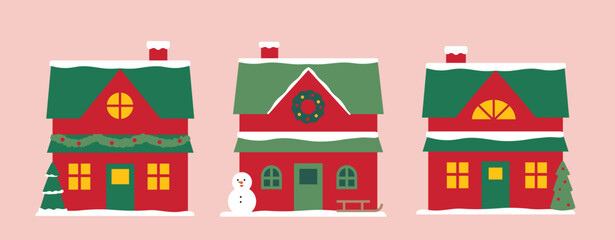 Naklejka premium Red and green Christmas house vector clipart set. Christmas house with lights on. winter Christmas house illustration art, icons, and Graphics. For greeting card, poster, banner, leaflet.