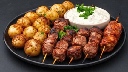 Succulent skewers of marinated meat paired with perfectly roasted potatoes create a tantalizing dish ready to savor