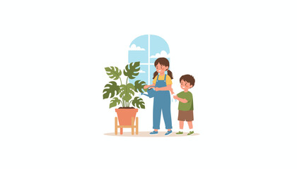 Happy children tending to a houseplant indoors Responsibility and growth concept illustration