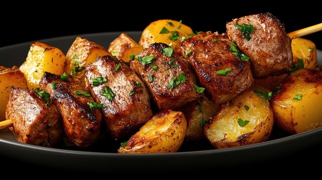 Succulent skewers of marinated meat paired with perfectly roasted potatoes create a tantalizing dish ready to savor