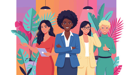 Confident diverse business team of women standing together in a vibrant office setting