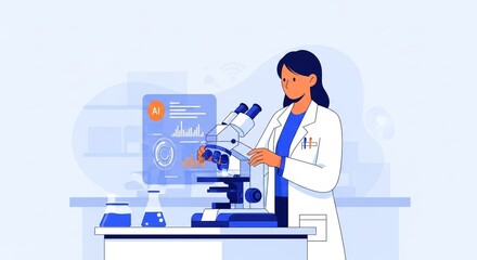 Vector illustration of a female researcher working in a futuristic science lab with a microscope and data visualization