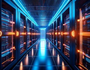 a futuristic server room with bright neon lights and advanced technology highlighting the critical infrastructure of modern data centers