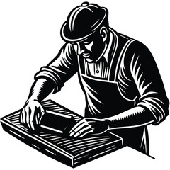 Woodworker Silhouette Illustration Craftsman Working with Wood Block and Plane on White Background