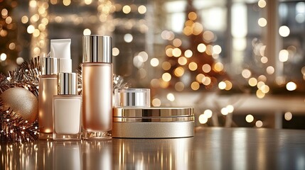 Elegant calendar displays premium skincare products beside a chic gold box, surrounded by festive lights and garlands for the New Year