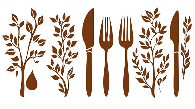 Collection of graphics depicting restaurant icons including fork, knife, plate, and water drop in a simple and elegant style - Powered by Adobe