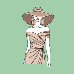 Elegant woman in sun hat posing in stylish dress for summer collection