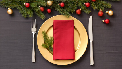 Christmas table setting with gold plate, red napkin, silver cutlery and fir branches decorated with red and gold baubles on dark festive background