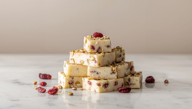 Sweet Squares. A Composition of White, Red, and Green Hues, a Culinary Abstract.