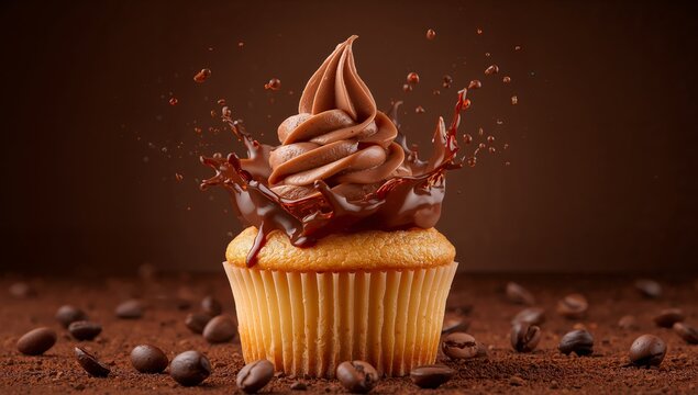 Sweet Swirl Splash A Cupcake Topped with Chocolate Frosting and Syrup.