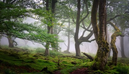 a misty atmospheric forest with twisted trees and lush woodland in edinburgh s ravelston woods scotland shrouded in ethereal fog