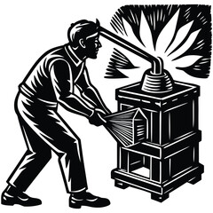 Man Working Forge Blacksmith Silhouette Craft Black and White Vector Illustration on White Background